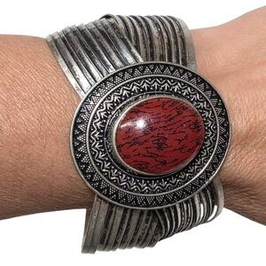 Premier Designs Cuff Bracelet Women OS Silver Red Jasper Stone Boho Statement